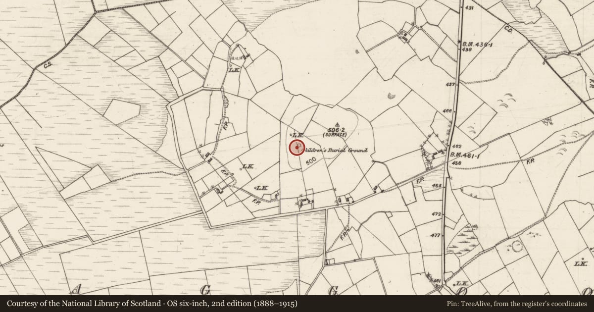 Ordnance Survey six-inch map, 2nd edition (1888–1915) covering the location of Children's burial ground, Laggoo, County Galway, with a pin at the register's coordinates