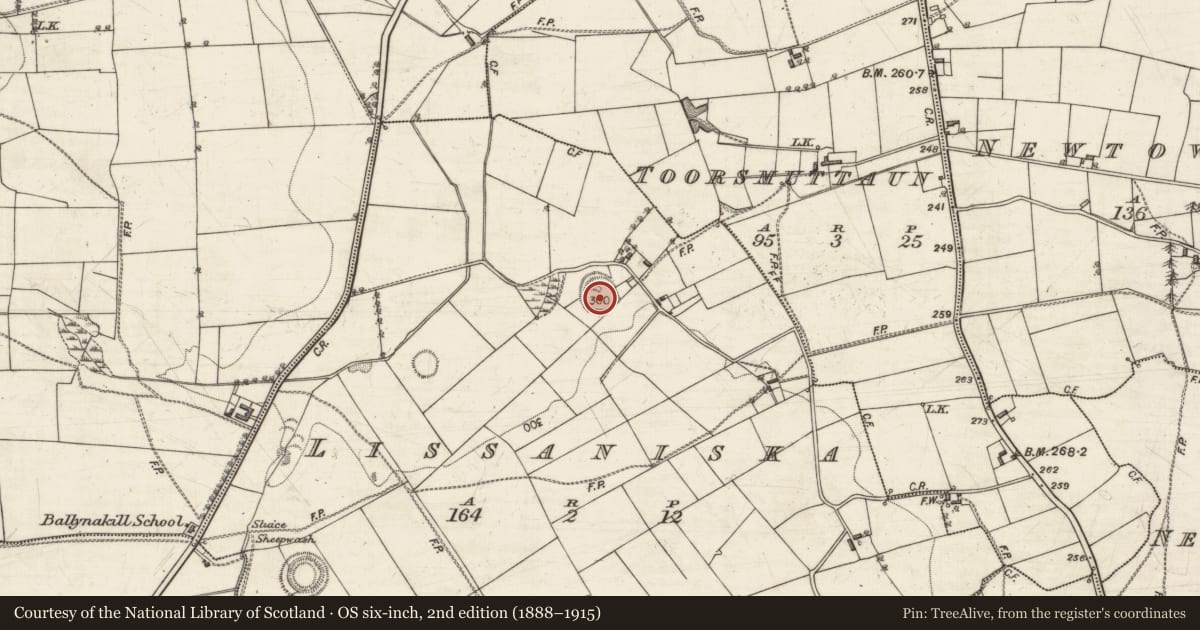 Ordnance Survey six-inch map, 2nd edition (1888–1915) covering the location of Ringfort - rath, Lissaniska, County Galway, with a pin at the register's coordinates