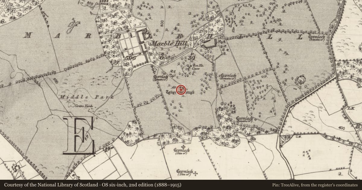 Ordnance Survey six-inch map, 2nd edition (1888–1915) covering the location of Ritual site - holy well, Marblehill, County Galway, with a pin at the register's coordinates