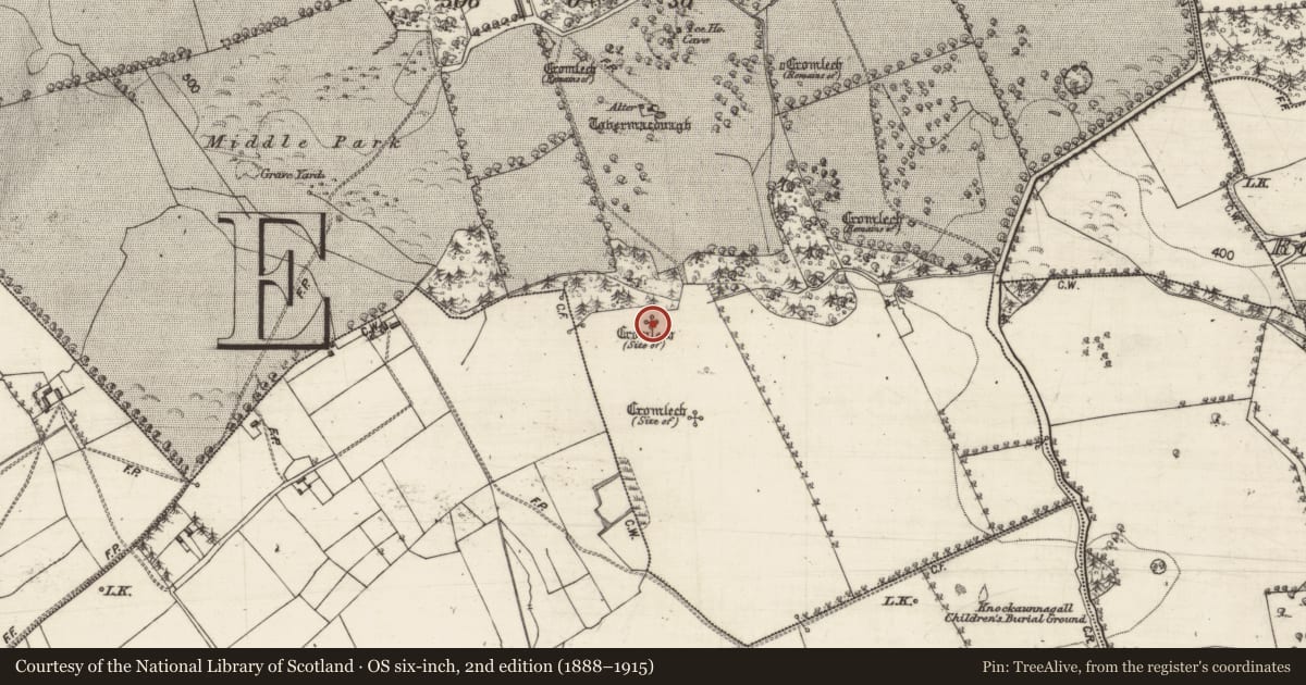 Ordnance Survey six-inch map, 2nd edition (1888–1915) covering the location of Megalithic structure, Marblehill, County Galway, with a pin at the register's coordinates