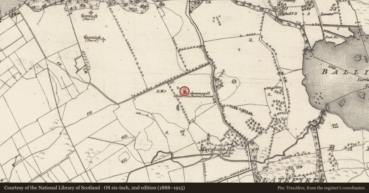 Ordnance Survey six-inch map, 2nd edition (1888–1915) covering the location of Children's burial ground, Moyglass, County Galway, with a pin at the register's coordinates
