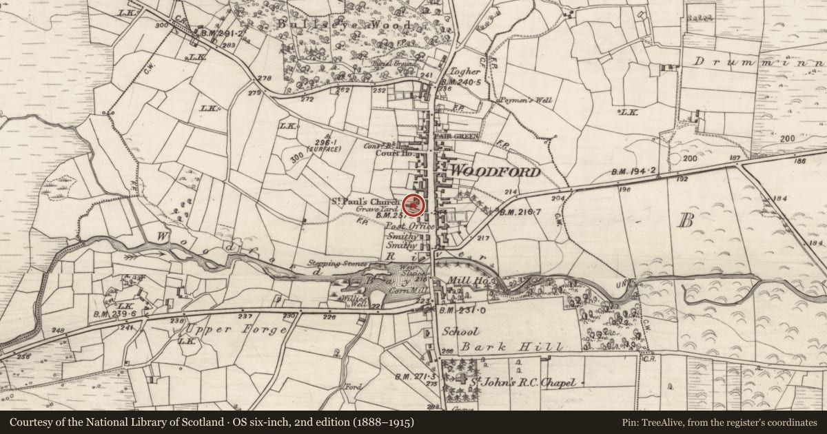 Ordnance Survey six-inch map, 2nd edition (1888–1915) covering the location of Church, Woodford, County Galway, with a pin at the register's coordinates