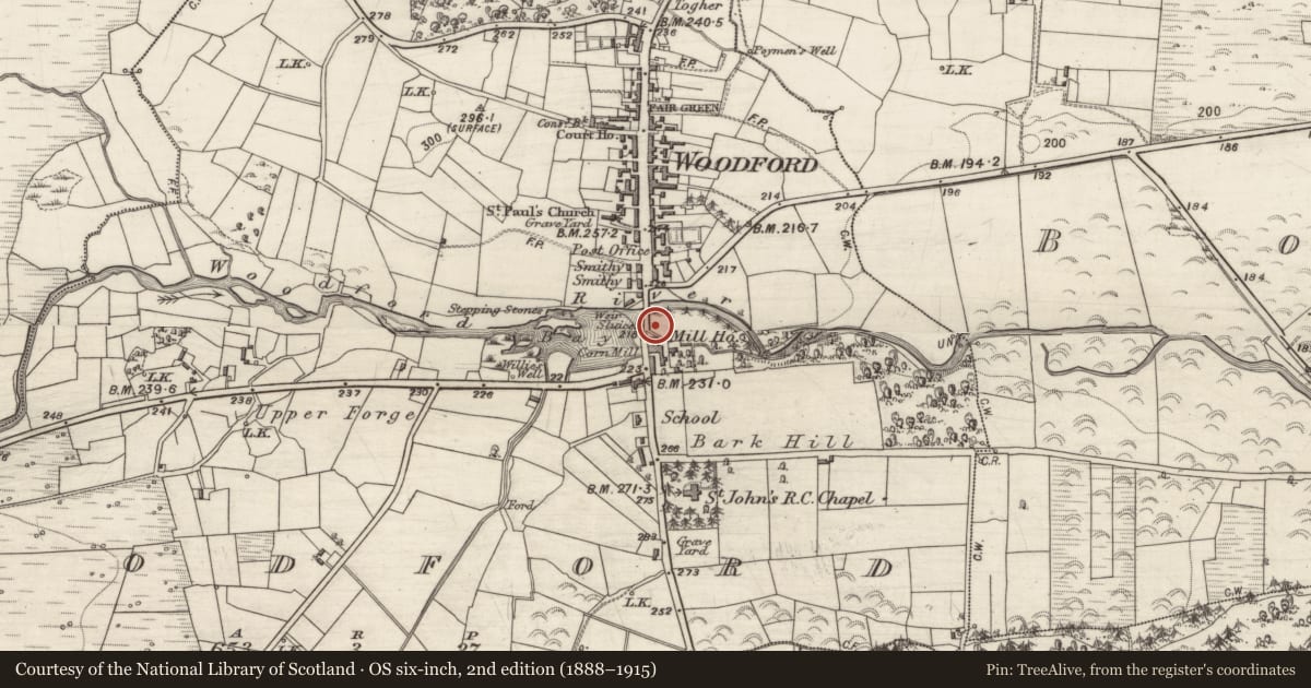 Ordnance Survey six-inch map, 2nd edition (1888–1915) covering the location of Town, Woodford, County Galway, with a pin at the register's coordinates