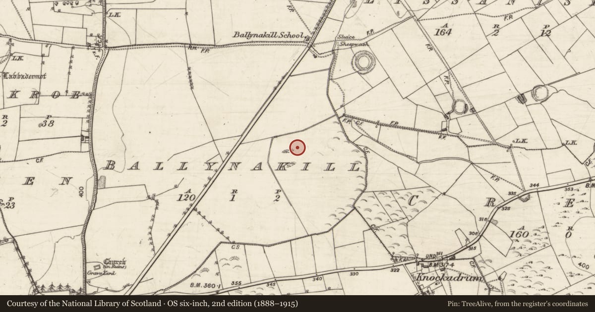 Ordnance Survey six-inch map, 2nd edition (1888–1915) covering the location of Fulacht fia, Ballynakill, County Galway, with a pin at the register's coordinates