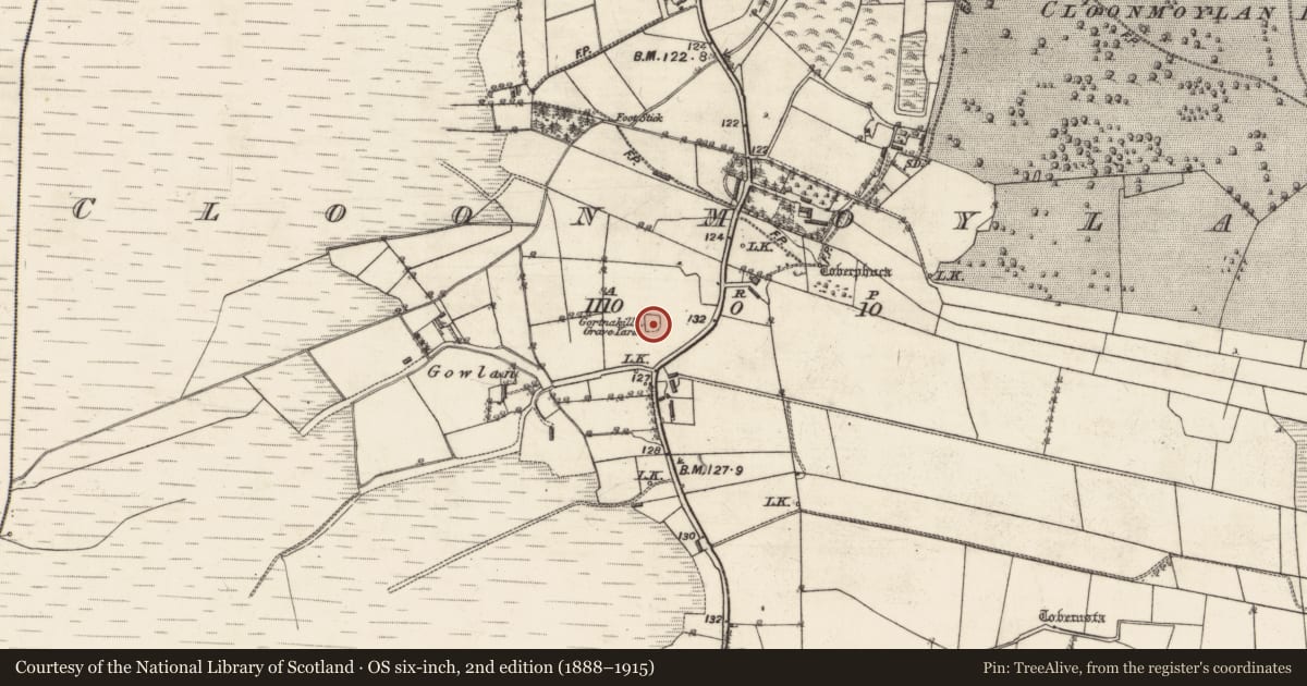 Ordnance Survey six-inch map, 2nd edition (1888–1915) covering the location of Children's burial ground, Cloonmoylan, County Galway, with a pin at the register's coordinates