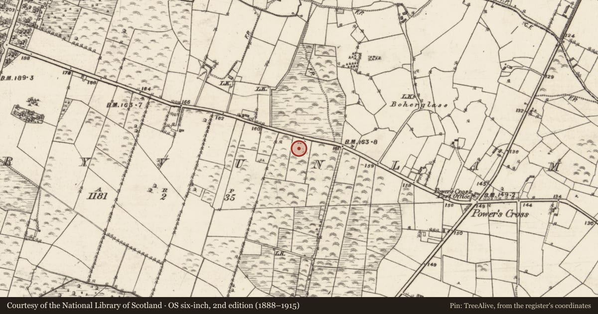 Ordnance Survey six-inch map, 2nd edition (1888–1915) covering the location of Children's burial ground, Derryvunlam, County Galway, with a pin at the register's coordinates