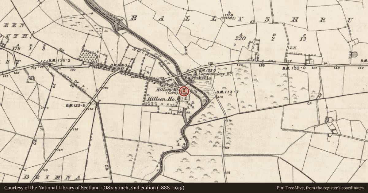 Ordnance Survey six-inch map, 2nd edition (1888–1915) covering the location of Mill - unclassified, Killeen South, County Galway, with a pin at the register's coordinates