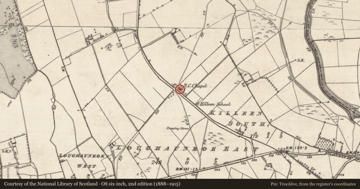 Ordnance Survey six-inch map, 2nd edition (1888–1915) covering the location of Church, Killeen South, County Galway, with a pin at the register's coordinates