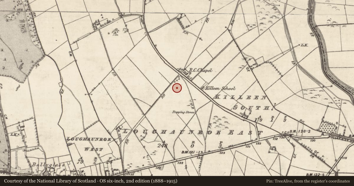 Ordnance Survey six-inch map, 2nd edition (1888–1915) covering the location of House - 18th/19th century, Loughaunroe East, County Galway, with a pin at the register's coordinates