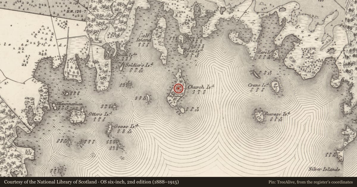 Ordnance Survey six-inch map, 2nd edition (1888–1915) covering the location of Church, Church Island, County Galway, with a pin at the register's coordinates