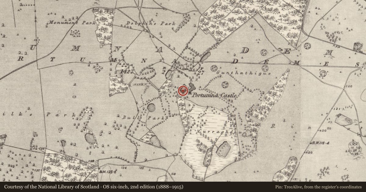Ordnance Survey six-inch map, 2nd edition (1888–1915) covering the location of Country house, Portumna Demesne, County Galway, with a pin at the register's coordinates