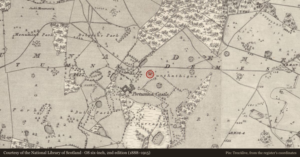 Ordnance Survey six-inch map, 2nd edition (1888–1915) covering the location of Designed landscape - tree-ring, Portumna Demesne, County Galway, with a pin at the register's coordinates