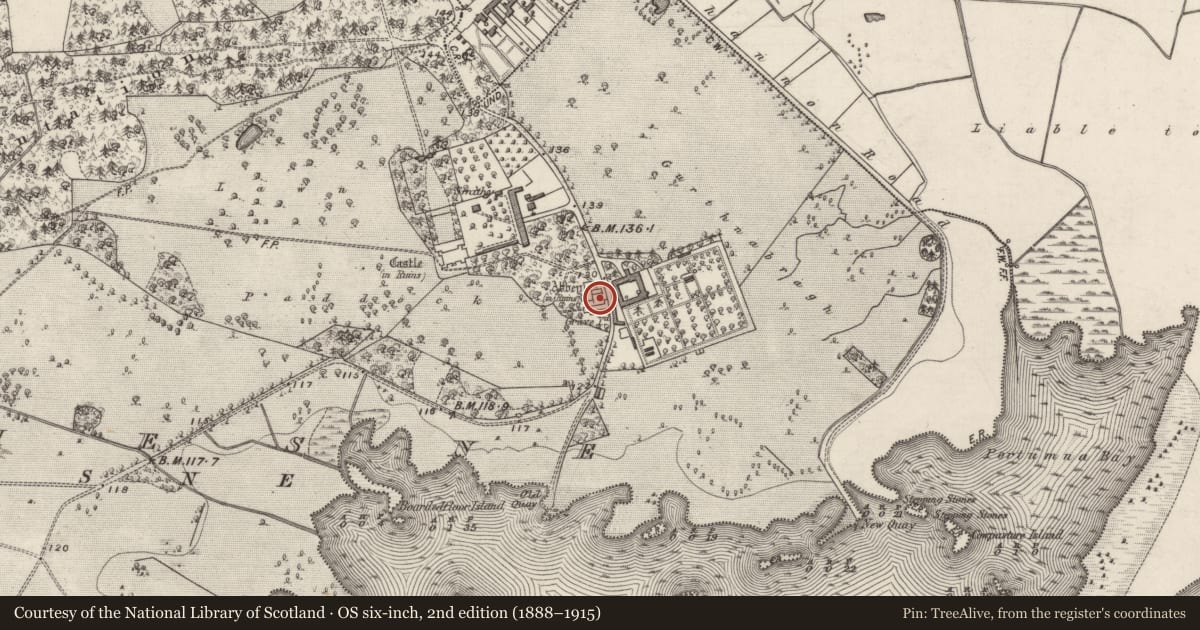 Ordnance Survey six-inch map, 2nd edition (1888–1915) covering the location of Settlement deserted - medieval, Portumna Demesne, County Galway, with a pin at the register's coordinates