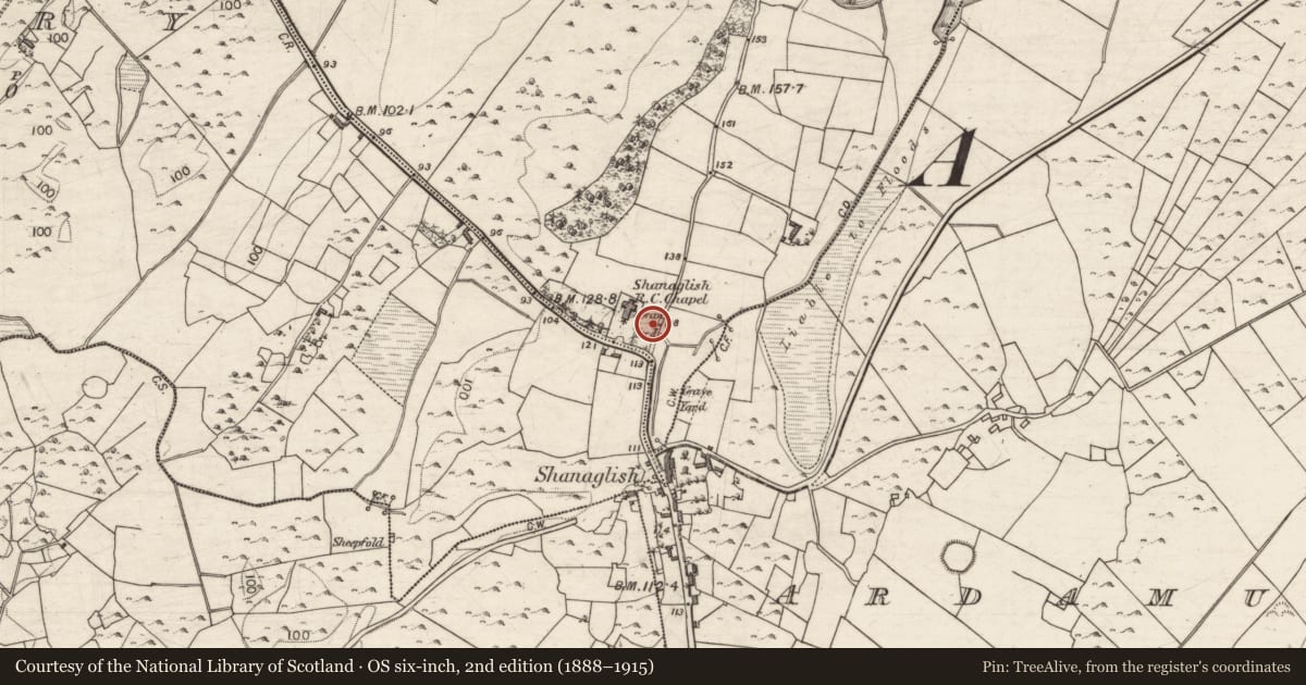 Ordnance Survey six-inch map, 2nd edition (1888–1915) covering the location of Chapel, Ashfield Demesne, County Galway, with a pin at the register's coordinates