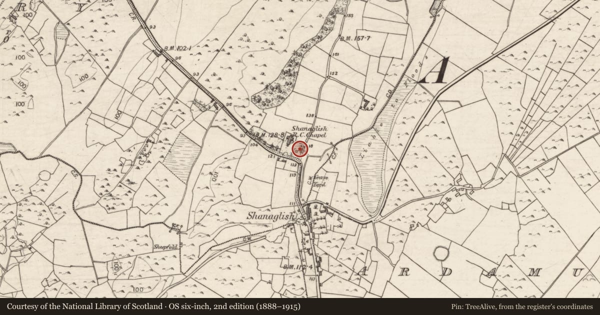 Ordnance Survey six-inch map, 2nd edition (1888–1915) covering the location of Architectural fragment, Ashfield Demesne, County Galway, with a pin at the register's coordinates