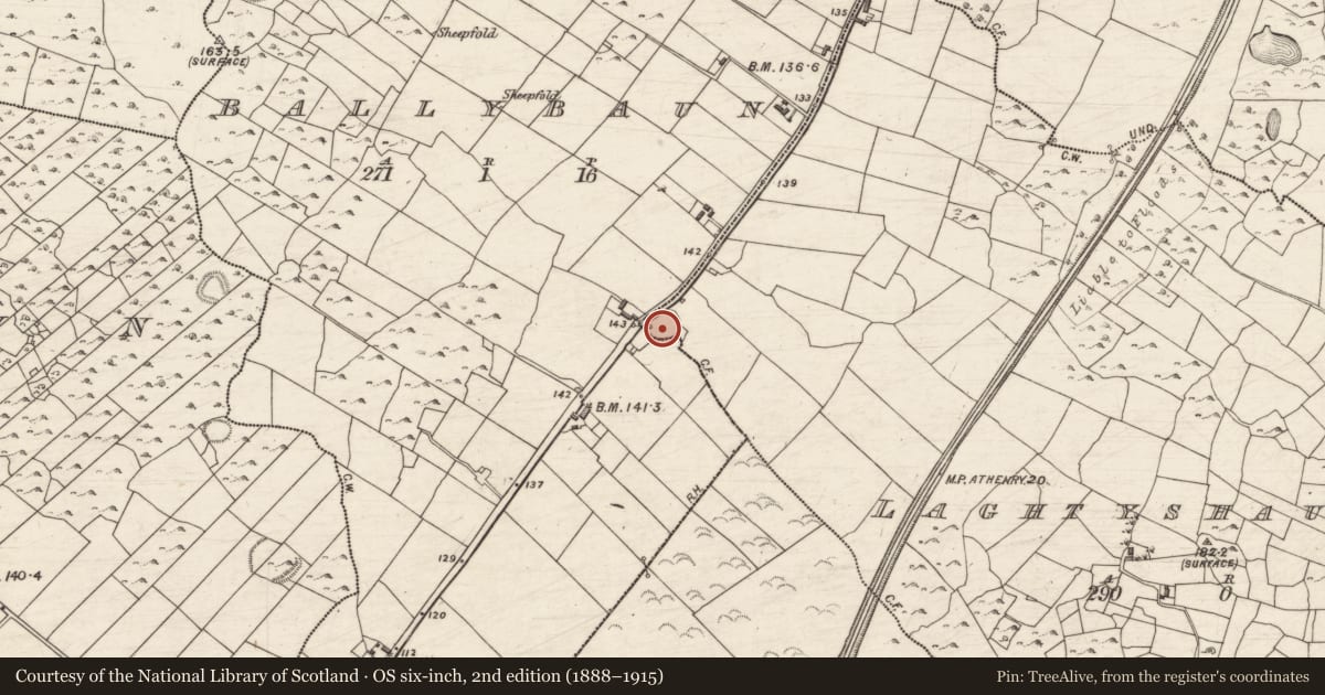 Ordnance Survey six-inch map, 2nd edition (1888–1915) covering the location of Ringfort - rath, Ballybaun, Laghtyshaughnessy, County Galway, with a pin at the register's coordinates