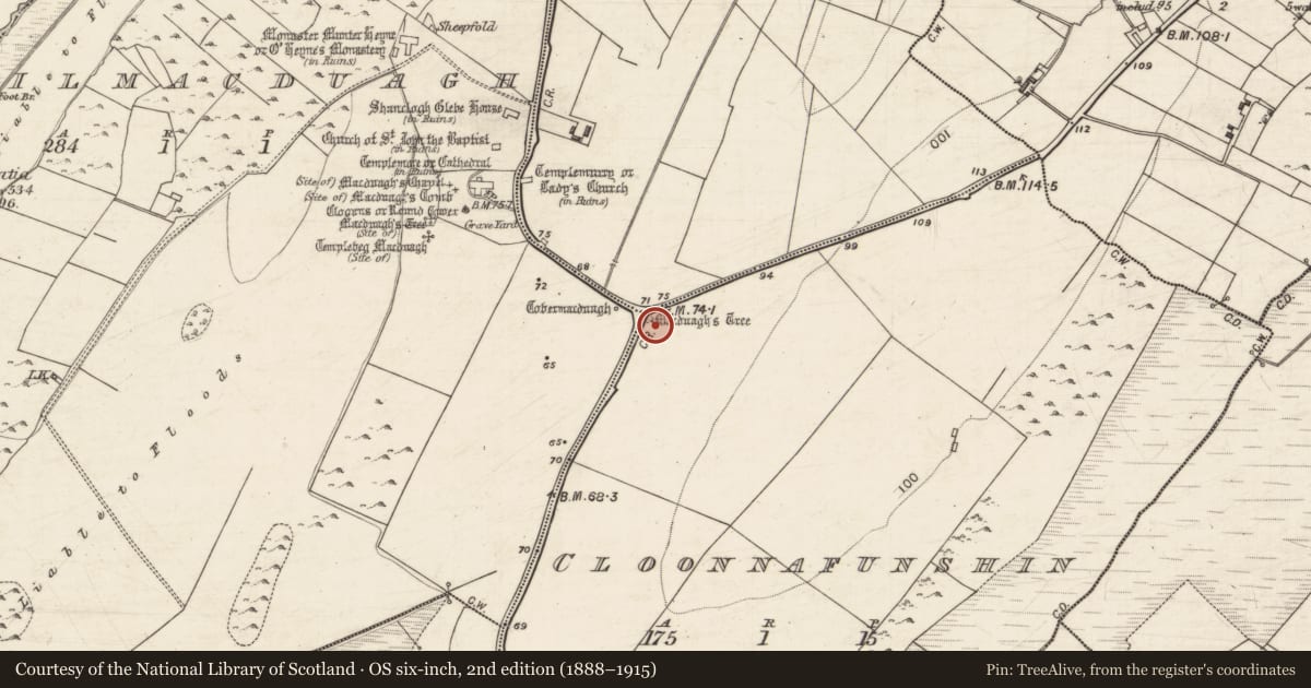 Ordnance Survey six-inch map, 2nd edition (1888–1915) covering the location of Ritual site - holy tree/bush, Cloonnafunshin, County Galway, with a pin at the register's coordinates