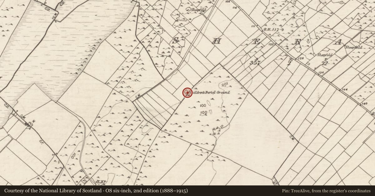 Ordnance Survey six-inch map, 2nd edition (1888–1915) covering the location of Children's burial ground, Sheeaun, County Galway, with a pin at the register's coordinates