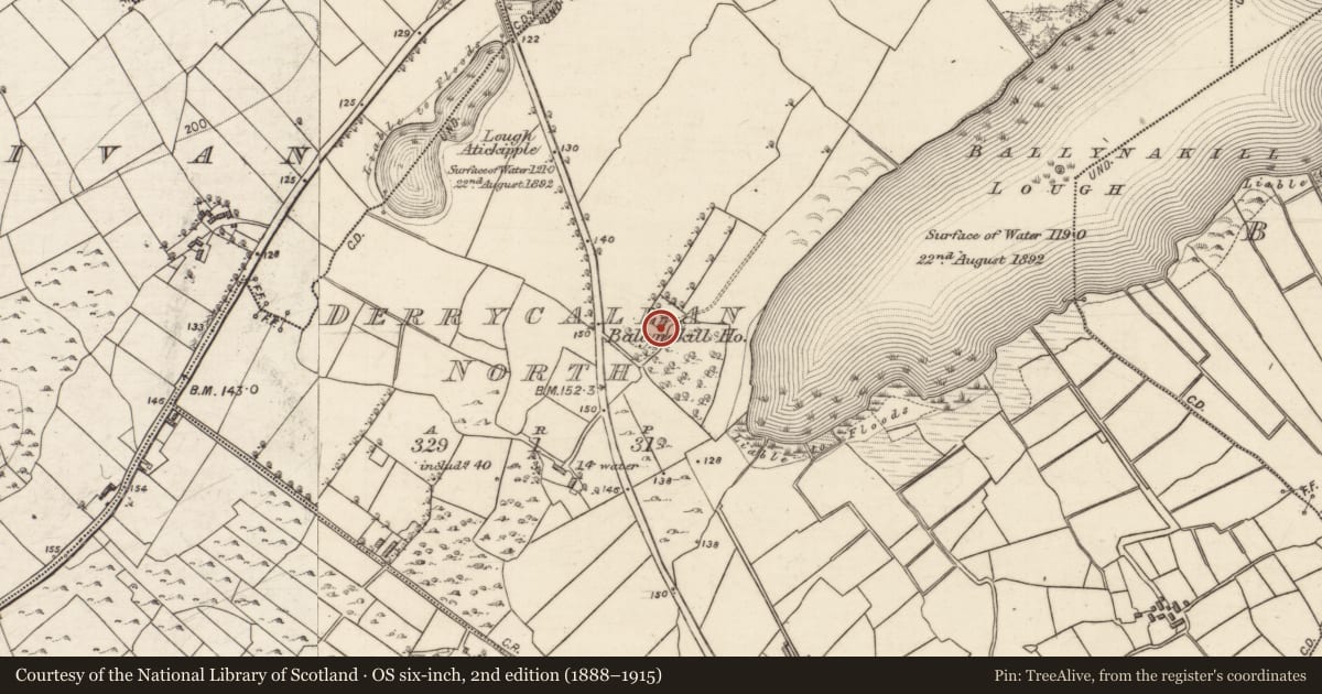 Ordnance Survey six-inch map, 2nd edition (1888–1915) covering the location of House - 18th/19th century, Derrycallan North, County Galway, with a pin at the register's coordinates