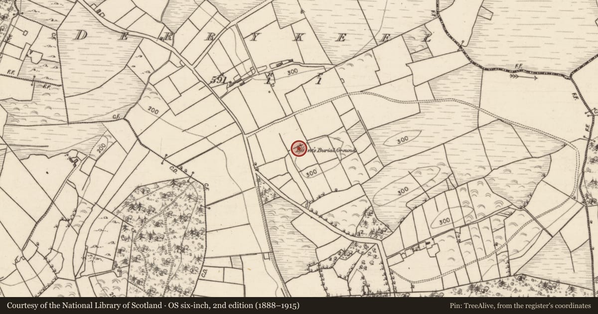 Ordnance Survey six-inch map, 2nd edition (1888–1915) covering the location of Children's burial ground, Derrykeel, County Galway, with a pin at the register's coordinates
