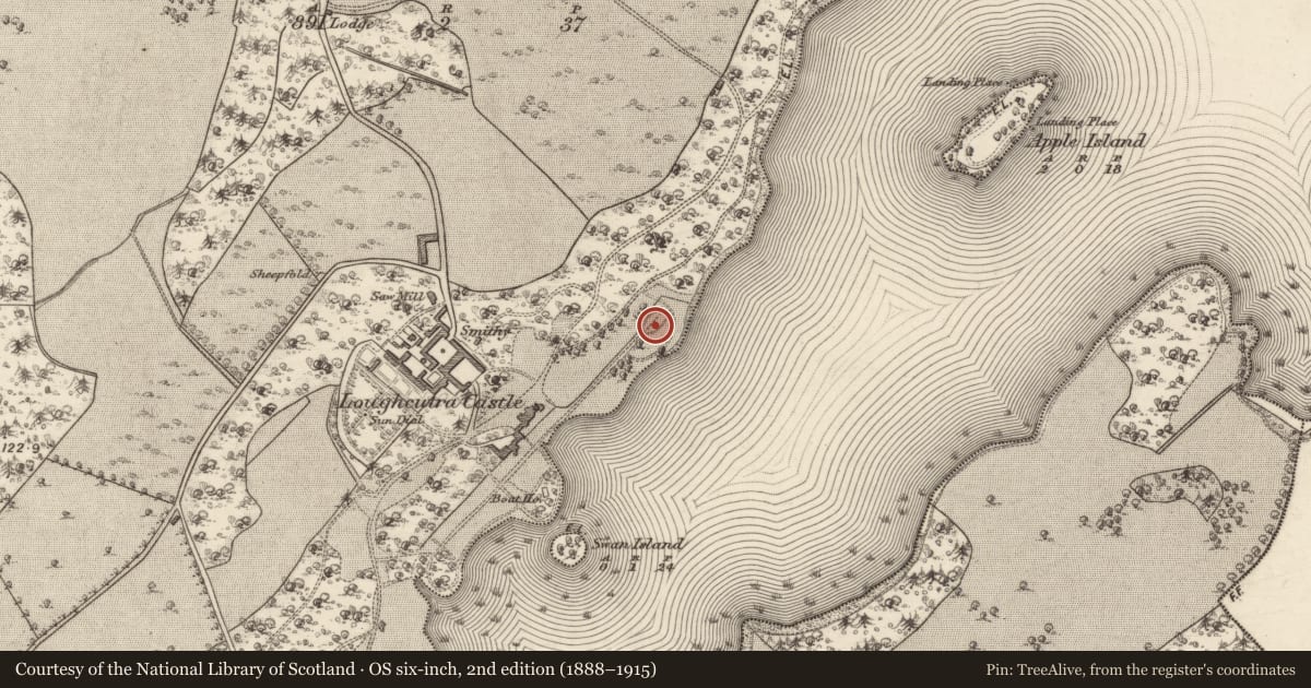 Ordnance Survey six-inch map, 2nd edition (1888–1915) covering the location of Designed landscape feature, Lough Cutra Demesne, County Galway, with a pin at the register's coordinates