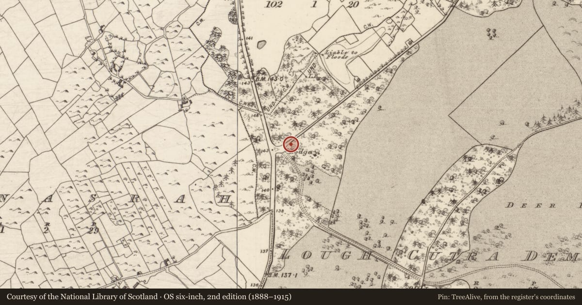 Ordnance Survey six-inch map, 2nd edition (1888–1915) covering the location of Gate lodge, Lough Cutra Demesne, County Galway, with a pin at the register's coordinates