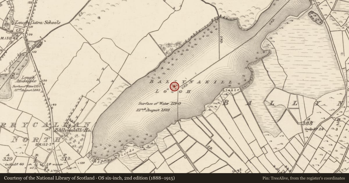 Ordnance Survey six-inch map, 2nd edition (1888–1915) covering the location of Crannog, Derrycallan North, County Galway, with a pin at the register's coordinates