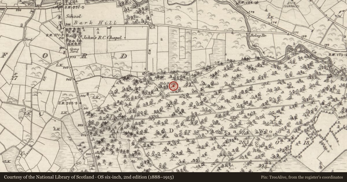 Ordnance Survey six-inch map, 2nd edition (1888–1915) covering the location of Ritual site - holy well, Derrycrag, County Galway, with a pin at the register's coordinates