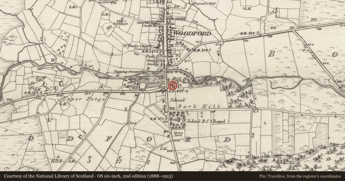Ordnance Survey six-inch map, 2nd edition (1888–1915) covering the location of Mill - corn, Woodford, County Galway, with a pin at the register's coordinates
