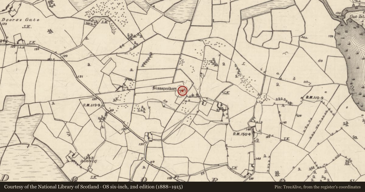 Ordnance Survey six-inch map, 2nd edition (1888–1915) covering the location of Children's burial ground, Dooros, County Galway, with a pin at the register's coordinates