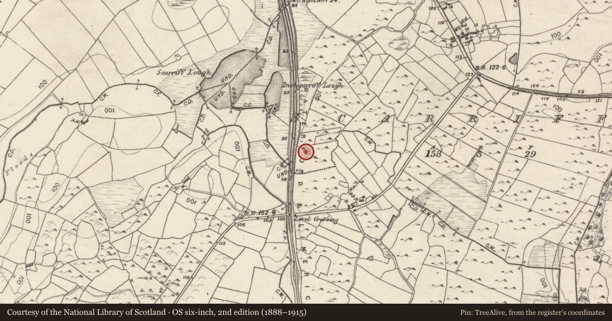 Ordnance Survey six-inch map, 2nd edition (1888–1915) covering the location of Sheepfold, Scarriff, County Galway, with a pin at the register's coordinates