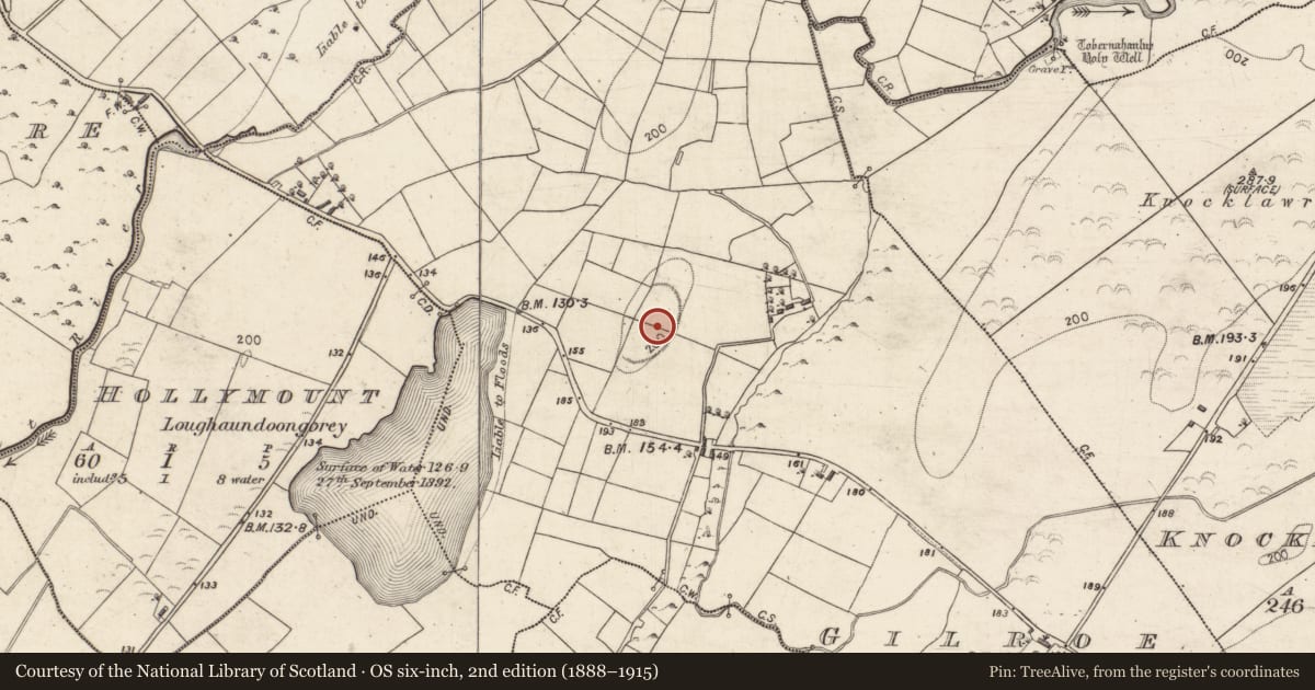 Ordnance Survey six-inch map, 2nd edition (1888–1915) covering the location of Hilltop enclosure, Gilroe, County Galway, with a pin at the register's coordinates