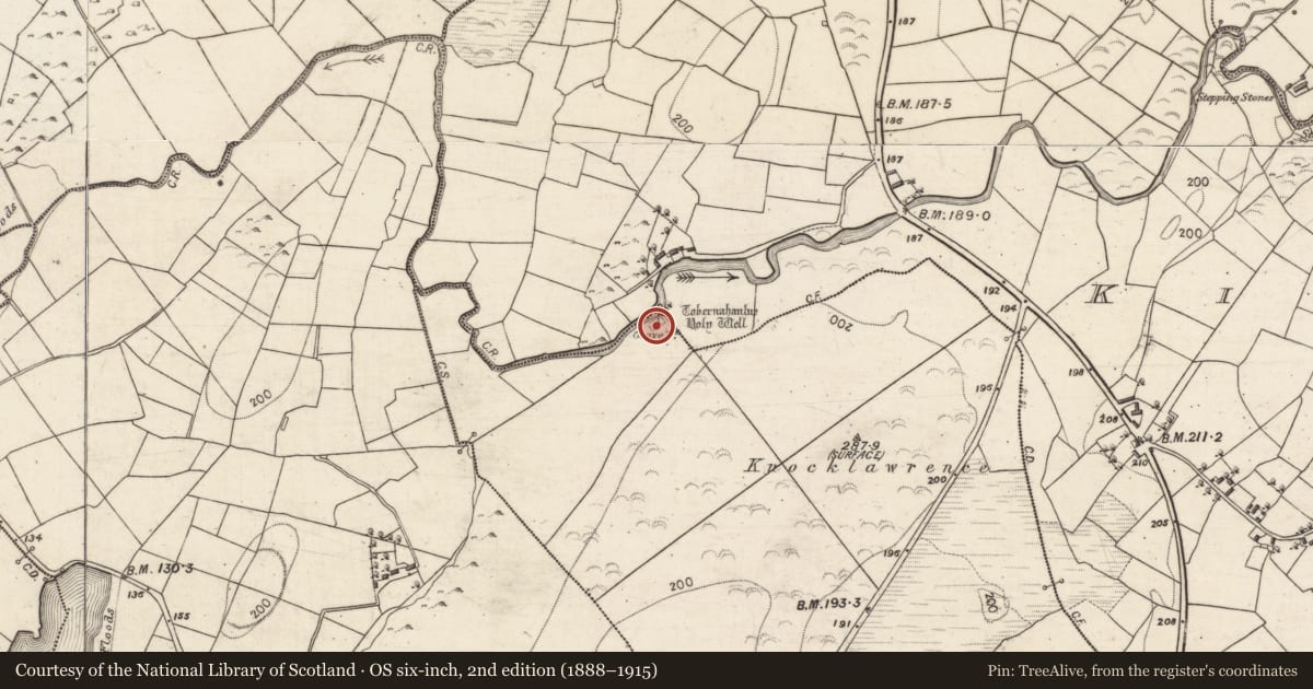 Ordnance Survey six-inch map, 2nd edition (1888–1915) covering the location of Children's burial ground, Knocklawrence, Killeen, County Galway, with a pin at the register's coordinates