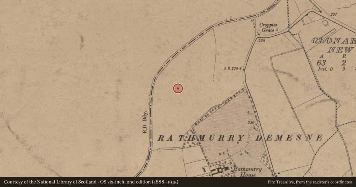 Ordnance Survey six-inch map, 2nd edition (1888–1915) covering the location of Enclosure, Kilrathmurry, County Kildare, with a pin at the register's coordinates