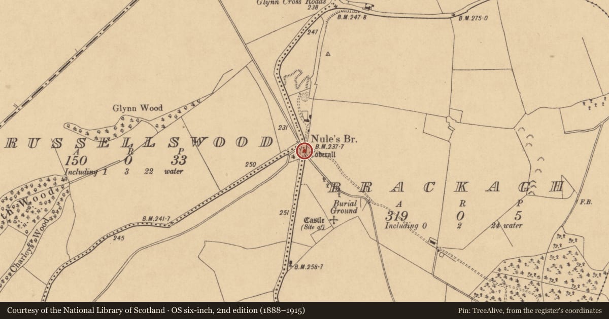 Ordnance Survey six-inch map, 2nd edition (1888–1915) covering the location of Ritual site - holy well, Brackagh, County Kildare, with a pin at the register's coordinates