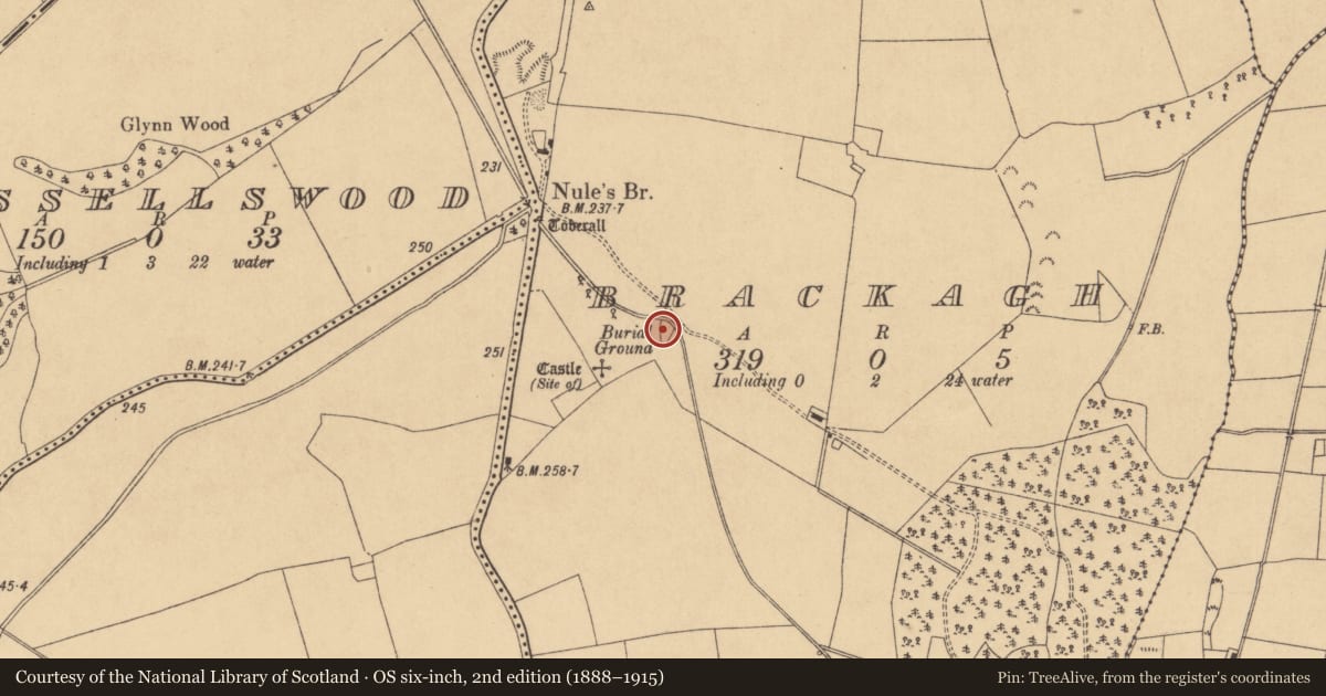 Ordnance Survey six-inch map, 2nd edition (1888–1915) covering the location of Burial ground, Brackagh, County Kildare, with a pin at the register's coordinates
