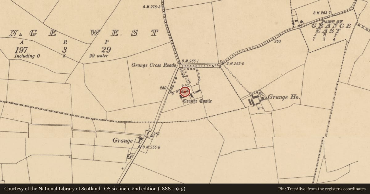 Ordnance Survey six-inch map, 2nd edition (1888–1915) covering the location of Bawn, Grange West, County Kildare, with a pin at the register's coordinates