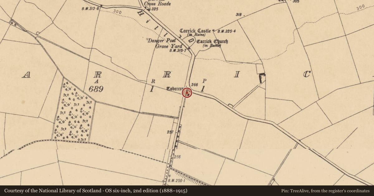 Ordnance Survey six-inch map, 2nd edition (1888–1915) covering the location of Ritual site - holy well, Carrick, County Kildare, with a pin at the register's coordinates