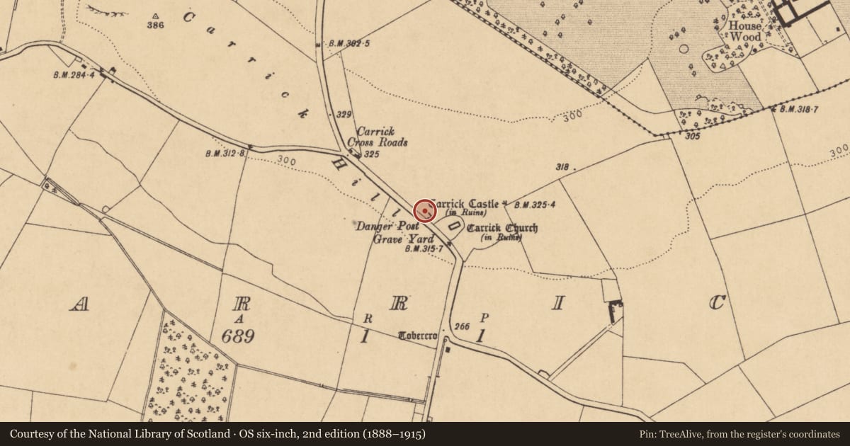 Ordnance Survey six-inch map, 2nd edition (1888–1915) covering the location of Castle - hall-house, Carrick, County Kildare, with a pin at the register's coordinates