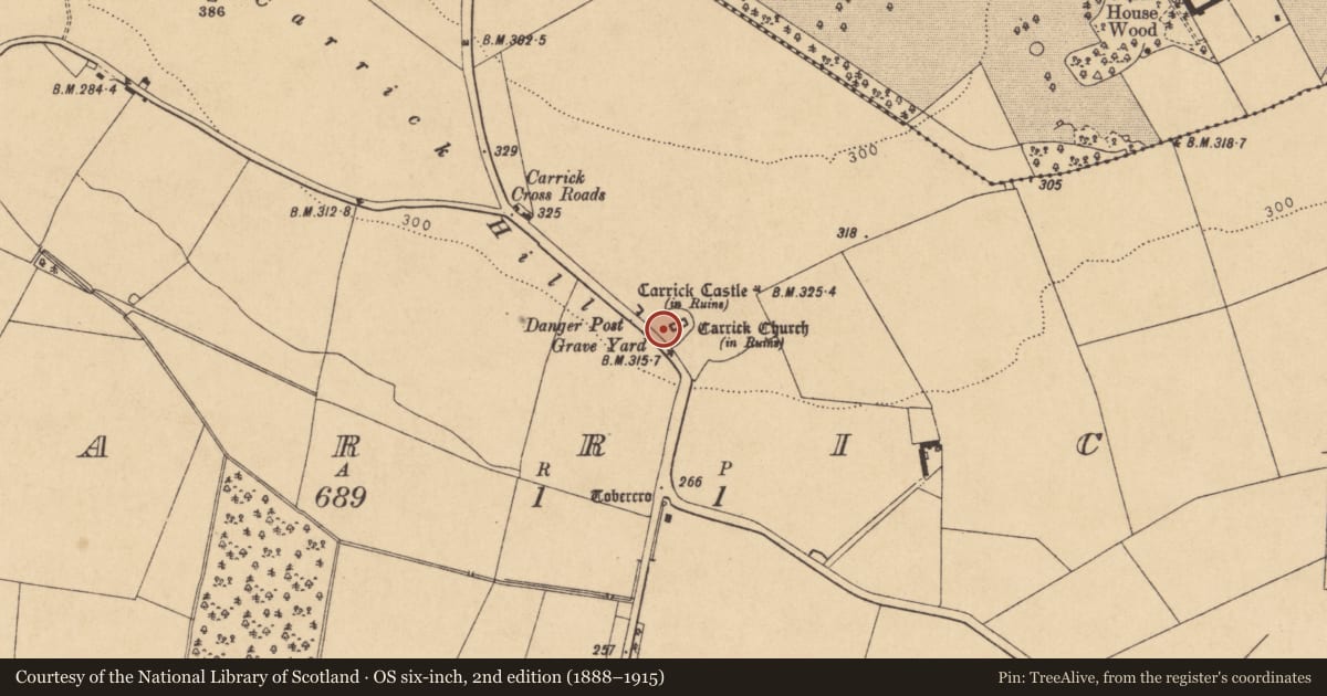 Ordnance Survey six-inch map, 2nd edition (1888–1915) covering the location of Ecclesiastical enclosure, Carrick, County Kildare, with a pin at the register's coordinates