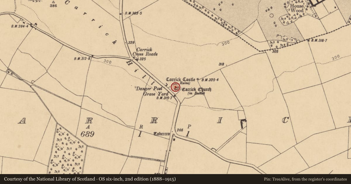 Ordnance Survey six-inch map, 2nd edition (1888–1915) covering the location of Church, Carrick, County Kildare, with a pin at the register's coordinates