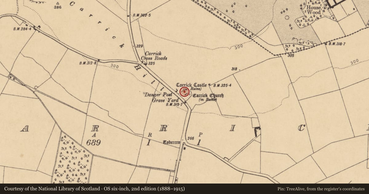 Ordnance Survey six-inch map, 2nd edition (1888–1915) covering the location of Graveyard, Carrick, County Kildare, with a pin at the register's coordinates