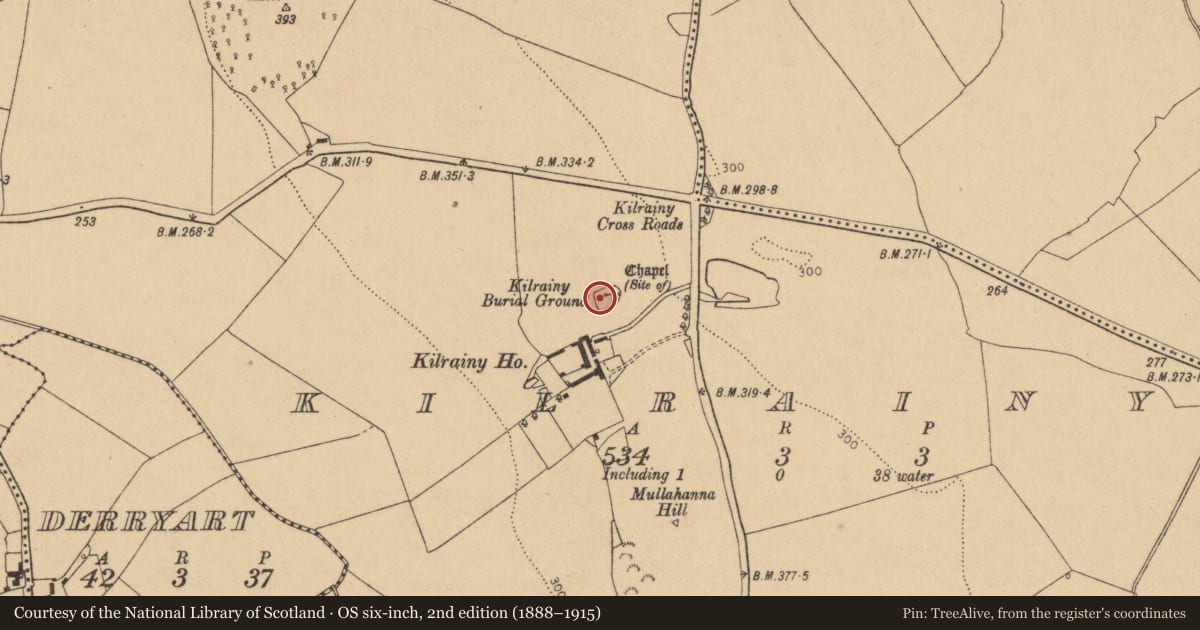 Ordnance Survey six-inch map, 2nd edition (1888–1915) covering the location of Ecclesiastical enclosure, Kilrainy, County Kildare, with a pin at the register's coordinates