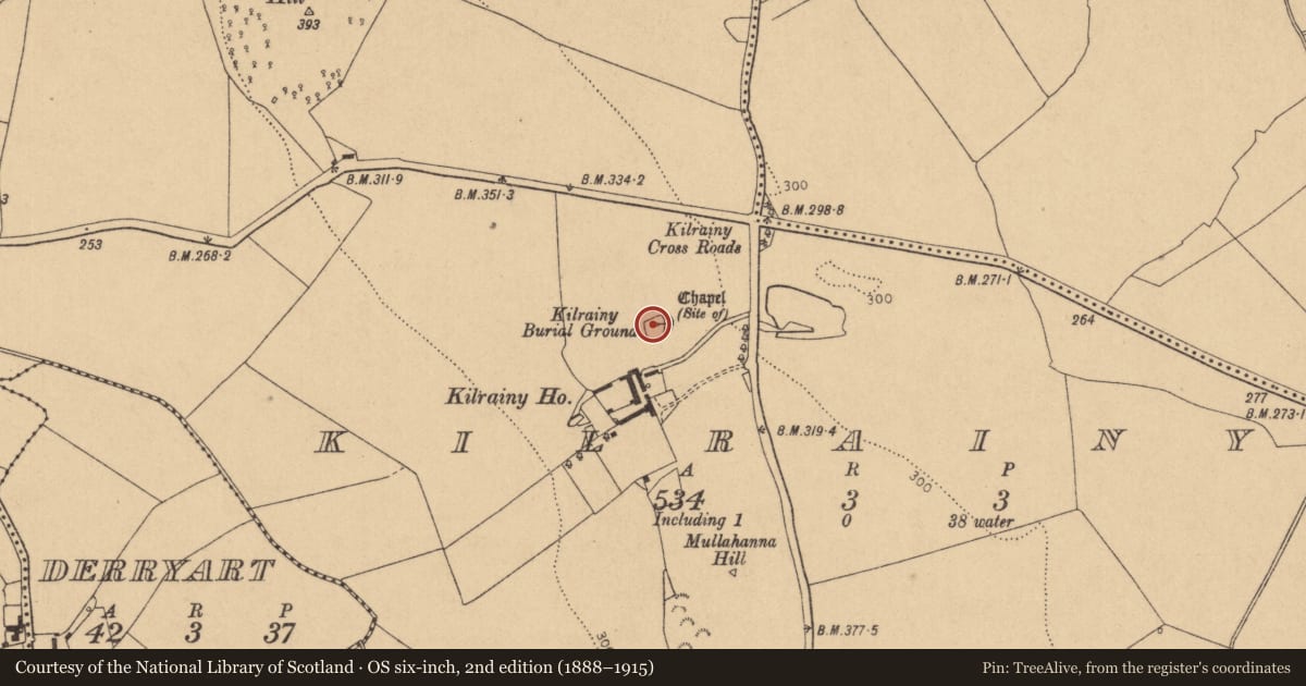Ordnance Survey six-inch map, 2nd edition (1888–1915) covering the location of Graveyard, Kilrainy, County Kildare, with a pin at the register's coordinates