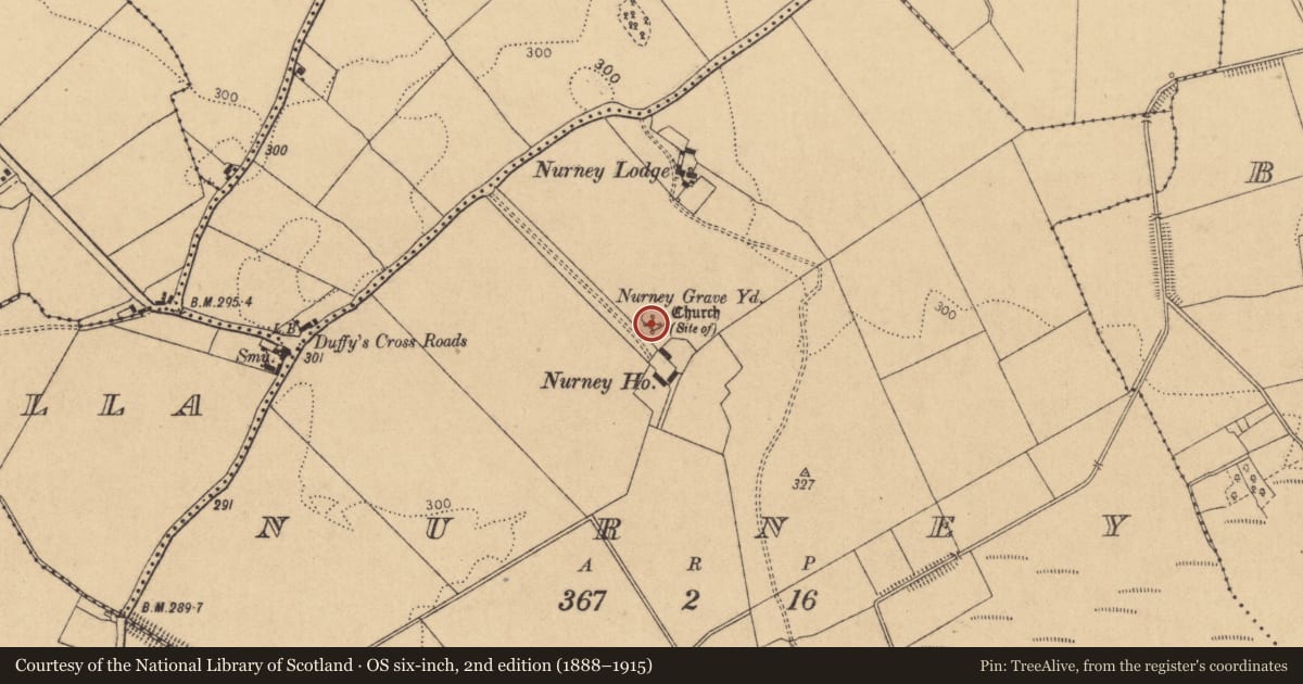 Ordnance Survey six-inch map, 2nd edition (1888–1915) covering the location of Church, Nurney, County Kildare, with a pin at the register's coordinates