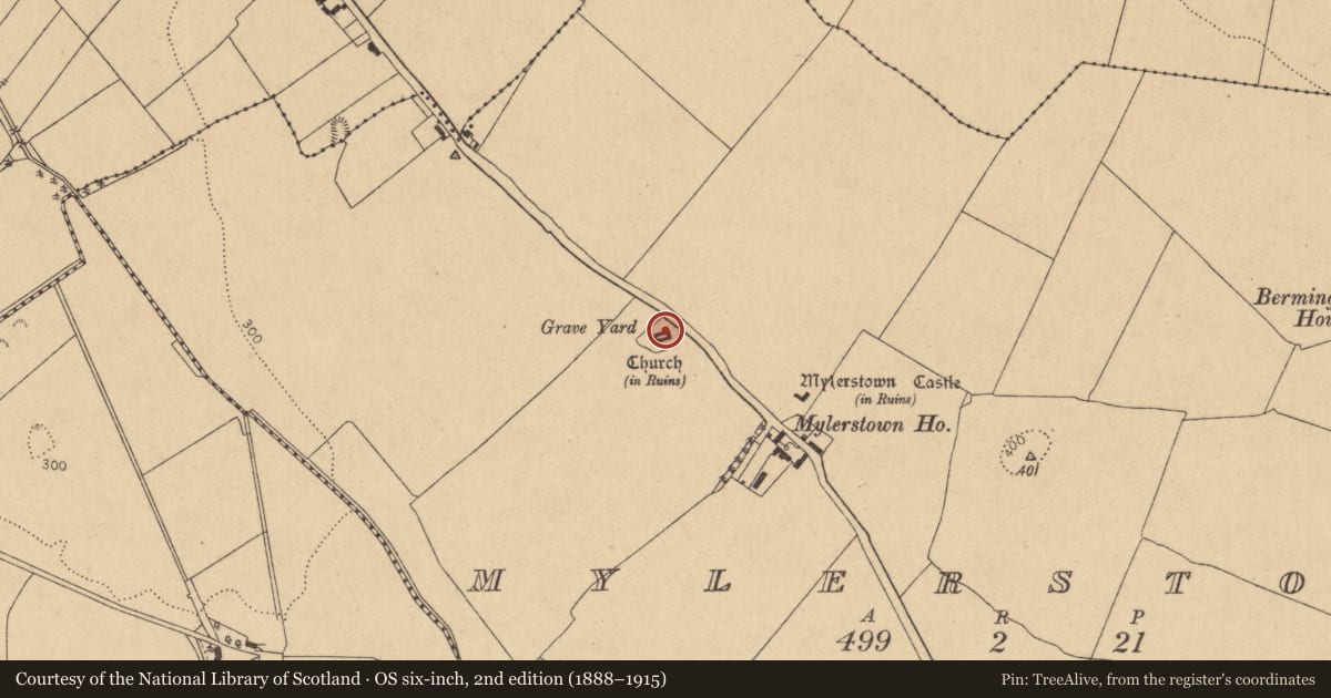 Ordnance Survey six-inch map, 2nd edition (1888–1915) covering the location of Church, Mylerstown, County Kildare, with a pin at the register's coordinates