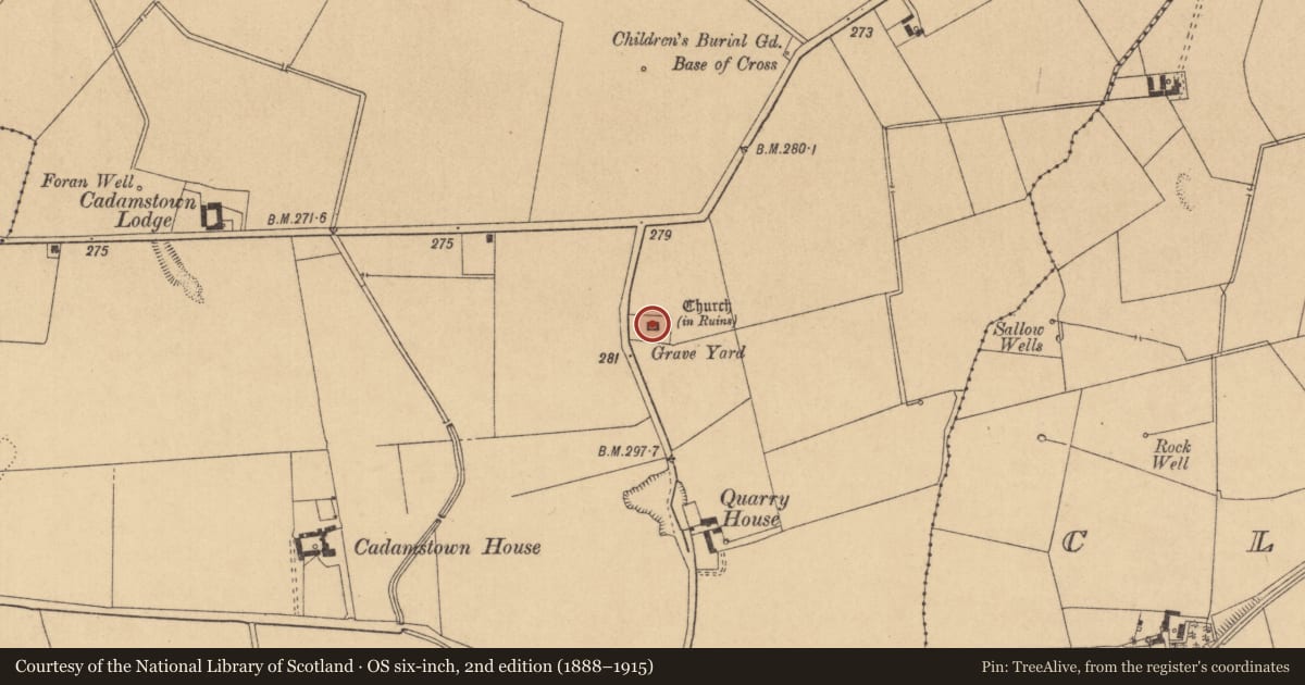 Ordnance Survey six-inch map, 2nd edition (1888–1915) covering the location of Church, Cadamstown, County Kildare, with a pin at the register's coordinates