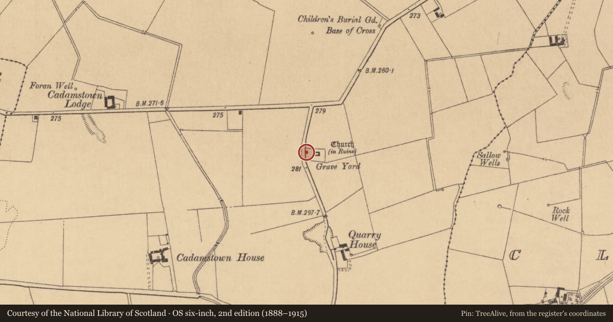 Ordnance Survey six-inch map, 2nd edition (1888–1915) covering the location of Graveyard, Cadamstown, County Kildare, with a pin at the register's coordinates