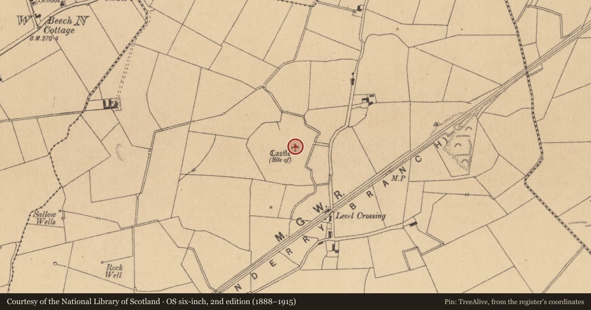 Ordnance Survey six-inch map, 2nd edition (1888–1915) covering the location of Castle - tower house, Clonagh, County Kildare, with a pin at the register's coordinates