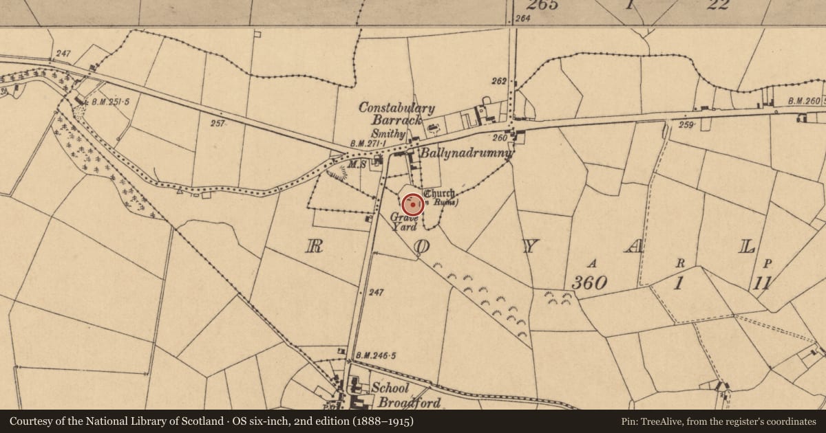 Ordnance Survey six-inch map, 2nd edition (1888–1915) covering the location of Graveyard, Ballynadrumny, County Kildare, with a pin at the register's coordinates